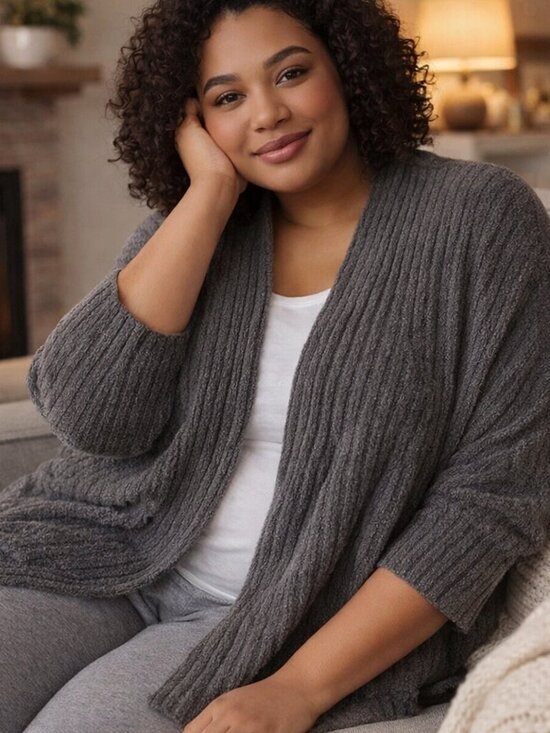 Barefoot Dreams Sweaters - Barefoot Dreams Cozy Chic Lite Ribbed Shrug Cardigan Carbon Gray Plus Size 3X